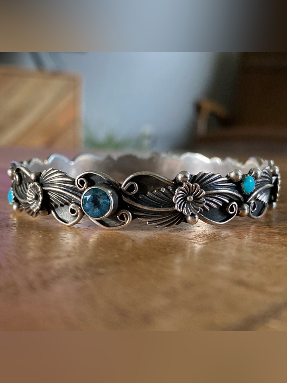 Running Bear Navajo Sterling Silver Turquoise & Blue Topaz Bangle Bracelet